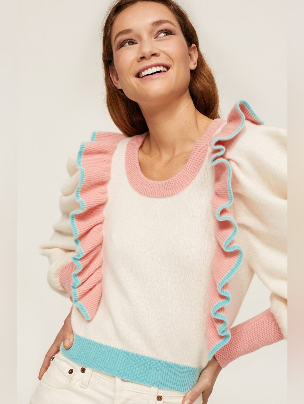 LoveShackFancy Greece Ruffle Wool Cashmere Sweater Ivory Pink Blue Small